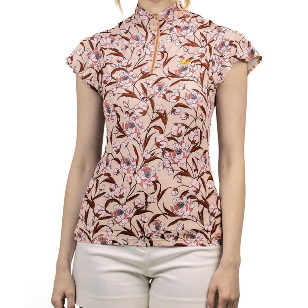 Kastle Floral Flutter Cap Short Sleeve 1/4 Zip Shirt Women's Small SPF Beachy